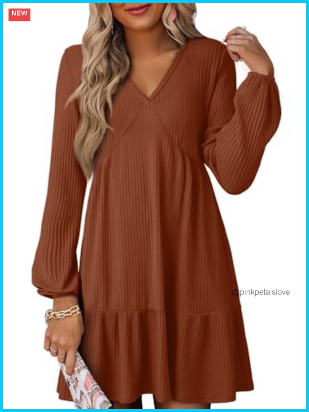 Ribbed Knit Long Sleeve V Neck Empire Waist A Line Mini Dress